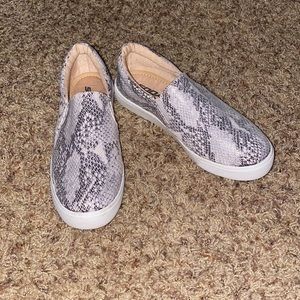 Snake print slip ons
